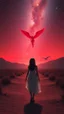 Placeholder: A beautiful girl walking with an alien both their hands on both shoulders from rear view , they are walking toward a an red Angel appears ilanding in a distance ,in romantic themes in the background is a vivid red sky stars and milky way galaxy and the lighting creates a dramatic and otherworldly atmosphere