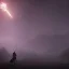 Placeholder: Heavy rain. Epic Lighting in the night sky. Knight with magic scroll in hand. Falling meteorite from the sky. Meteorite burning in the distance. Dark black mud.