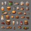 Placeholder: Sprite sheet, food icons, survival game, gray background, comic book,