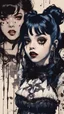 Placeholder: Poster in two gradually, a one side malevolent goth vampire girl face and other side the Singer Melanie Martinez face, full body, painting by Yoji Shinkawa, darkblue and sepia tones,