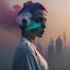 Placeholder: smoke plumes, clouds, smog, city scape with pollution, woman, double exposure photography, colourful nature, clean sharp focus, on white background, Fractal Geometry buildings, sacred geometry