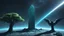 Placeholder: few tiberium monolith deposits on the planet with a space trees on the left and right side, matrix codes and the back ground of the angels with wings siting monolith made of tiberium crystals