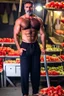 Placeholder: full body shot photography, iranian man at night, 46 years old with hands on the flap, manly chest, muscular chubby , curly beard, dirty, serious, stand up on a crowded street, sells watermelons at his stall, sweat, shirtless, open legs, bulging pants, long hair, ugly, big thighs, bullneck, big shoulders, photo realistic, photographic, super detailed, hyper realistic, UHD, midnight , misery and poverty, side light, frontal view from the ground, ambient occlusion