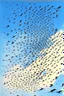 Placeholder: realistc drawing of a swarm of swallows in the blue sky.