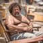 Placeholder: extreme close up photography of a sicilian ugly burly serious wet sweaty, muscular chubby strong fat carpenter, shirtless, boxer, bulge, manly chest, very hairy allover, big goatee 51 years old, curly hair, sit sleeping with open legs on a little chair , on a construction site in the middle of a road, under the August sun, emotional eyes, , hyper-realistic, photorealistic , frontal view from the ground