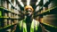 Placeholder: Worker in a warehouse, black African man in high visibility vest, blurred shelves stacks background. Generative AI