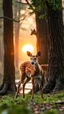 Placeholder: A beautiful baby dear standing in wood with a huge trees , river stream in the middle , behind to tree dim light of the sunset, a Hyena is hiding behind the tree in the back sneaking to attack the dear