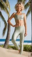 Placeholder: mid age woman in satin yoga leggins, friendly face, standing towards camera, face towards camera, total body, photographed by rankin, surfer hair, good shape, white background, medium length wavy bob haircut, total body, sneakers