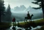 Placeholder: a lonely traveler wandering alone in a large pine forest with a horse and in the distans a large mountain range is visibel, high fantasy, lord of the rings, dungeons and dragons, in the style of jakub rozalski