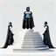 Placeholder: Create a beautiful illustration that showcases Darth Vader, adorned in his iconic black cape, standing triumphantly on the highest Olympic podium as the undisputed champion. Flanking him on two lower podiums are two white-clad Stormtroopers, looking sullen. Set this scene against a white background.