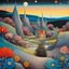 Placeholder: Colourful, peaceful, Max Ernst, Yves Tanguy, night sky filled with galaxies and stars, rock formations, trees, flowers, houses, one-line drawing, sharp focus, 8k, deep 3d field, intricate, ornate, hypermaximalist