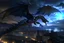 Placeholder: black dragon in flight city in the background at night