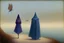 Placeholder: two people seen from behind walking side by side in an empty foggy plain, above there is blue sky by artist "Leonora Carrington",by artist "Christian Schloe",by artist "Kay Sage"