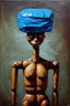 Placeholder: A strange and gloomy stick man with a blue plastic bag on his head. Surrealism, figurative painting with elements of the Bauhaus style. Intense textures.