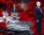 Placeholder: president Putin as old evil devil swim in river of blood in hell