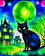 Placeholder: spooky black cat in a magical glowing village with a bright glowing moon in the background watercolor art