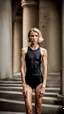 Placeholder: beautiful anorexic woman, total shot, short shiny black triathlon swimsuit, short blond wavy bob hair, blurred concrete background