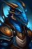 Placeholder: A blue dragonborn warroir with amber eyes and runic tattoos