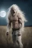 Placeholder: an extremely muscular, extremely hairy, and scary looking long-haired albino werewolf in a field, Extreme reality, photorealistic, realistic, lifelike, Absolute reality, Botany, Starry, Moon lit, Retro Pop, Dark Fantasy, Horror, Festive, Realistic - 32k, UHD, professional quality, 8 x 10 digital photograph