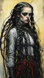 Placeholder: highly detailed, full body oil painting, petite goth girl with long dark braided hair, sharply defined angular facial features, anatomic perfection, by Andrea Kowch> <Yoji Shinkawa><Arthur Rackham> <Jean-Giraud Moebius, saturated vibrant natural color tones, precisely drawn and inked, 8k resolution