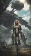 Placeholder: Wide-angle, woman with straight hair, dressed like a robot, with equipment in her hands, next to a crashed spaceship, in a clearing on an alien jungle world