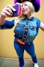 Placeholder: blonde taking selfie.thick thighs,thick calves,flat belly,curvy fell. Mantle is sewed of upcycled Denim and it is sewed together of camouflage pieces, whose color are all denim colors, orange, cream and purple. Big colored headphones (gold rings!) is merged with small felt cap with small visor. It is with big bright purple felt tippet and birght-colored-hood is merged with colorful beanie. Style: Haute Couture, 1980's Finland, N.Y.C fashion in 2023