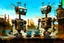 Placeholder: two crazy rusty scrappy robots drinking coffee in urban decay, negative space, wet print, ink leak, overheat, dramatic, cinematic, sudden jolt dynamics, amazing reflections and parallels and verticals, Afro-futurism, surreal futurist architecture art, surreal liminal space, tribal vibe and patterns, colors of light sky blue and beige and black