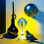 Placeholder: Abstract painting formed by a mix of human flesh-like surgical instruments and universe-like neuralink, a cat looking at a pigeon inside a huge bulb between light and shadow at dusk,surrealism,minimalism,Painting By Adrian Ghenie, Rene Magritte, Salvador Dali, Lucian Freud