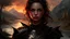 Placeholder: A formidable warrior girl in black armor, on the background Amazing gloomy landscape, flooded with sunset, mountains, trees, fabulous scary hero, , juicy emotions, painting, dark fantasy, gloomy day, dark world, portrait, by Alyssa Monks & Raymond Swanland & James Paick & Anna Razumovskaya