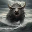 Placeholder: Sea Monster covered in light tan and dark grey fur with wild boar-like razor sharp tusks and pale yellow eyes, masterpiece, best quality, background stormy sea