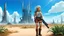Placeholder: A slender 60-year-old woman, in brown shorts, a shirt and boots, one hand on her hip, the other holding a futuristic gun, standing in a deserted, empty fantasy city, with small clumps of strange plants and trees, blue sky with small white clouds.