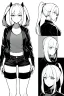 Placeholder: blonde girl with ponytails dressed in a jacket and shorts walks briskly, front view, greyscale