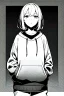 Placeholder: thoughtful girl in a loose sweatshirt, line arts, greyscale,