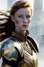 Placeholder: ultrarealistic, concept art, ruined city,__intricate fantasy armor__, no star, __angles__, 18 year old woman, strikingly beautiful,ginger hair, _colour_, (pale __skincolor__ skin:1.2), __camera__, _hair_, detailed face and eyes, medium breasts, sci-fi theme, freckles, dynamic pose, resolved expression, __accessory__, strappy outfit, (straps:1.1), sword in scabbard on left hip, (buckles, buttons, snaps, rings:1.0), haltertop style breastplate, detailed eyes, plump lips