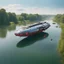 Placeholder: large space ship floating on wide River on a summers day, English village, subtle red and green lights , blue exhaust ports , stopped, antennas, , luminescent , 35 mm focal length