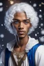 Placeholder: young mulatto wizard of twenty years old, blue eyes, snow white hair,