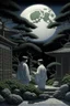 Placeholder: THE MOON HIDDEN SHADOWY FIGURES at the zen garden STYLE OF HIROKU OGAI