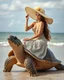 Placeholder: Best angle view realistic photoshoot full body beautiful Supermodel sitting on ridding Big large turtle,she wearing luxurious shimmer hat large made from borroque elements flowers sea, sea shore.Sony Alpha 7 50mm realistic photography