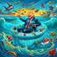 Placeholder: Donald Trump as a Fat man in a claw foot bathtub sinking in the ocean. Water lapping at the top of the tub. Panic on his face. Scared, screaming for help. Surrounded by seagulls, lobsters and crabs. there is a colorful light house with dark stormy skies in the background. Lightening and wind blows. He's in trouble.