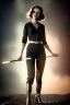 Placeholder: retro portrait image from 1960, explosion, long hair, young Scarlett Johansson, classic black tight lycra suit, metal stick weapon, gold bracelet and belt, high heel boots, soft color, highly detailed, unreal engine 5, ray tracing, RTX, lumen lighting, ultra detail, volumetric lighting, 3d, finely drawn, high definition, high resolution.