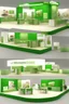 Placeholder: Corner green exhibition stand of a food company with product displays and a meeting area