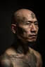 Placeholder: Portrait of male hunan with no hair, tatooes on his face, Frank Cho style