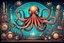 Placeholder: A captivating retro-futuristic illustration of an octopus in a classy science fiction world. The octopus, with an intricate steampunk design, is the centerpiece of the artwork. Its eight tentacles are adorned with various gadgets and glowing devices, including vintage gears and machinery. The background showcases a cityscape that combines old-world charm and futuristic architecture, with a neon skyline and a massive spaceship floating overhead. The overall atmosphere of the image is a blend of n