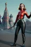 Placeholder: retro portrait image from 1960, Moscow background, wind, long red hair, fighting stance, sweet young Scarlett Johansson, classic black tight lycra suit, weapon, gold bracelet and belt, high heel boots, soft color, highly detailed, unreal engine 5, ray tracing, RTX, lumen lighting, ultra detail, volumetric lighting, 3d, finely drawn, high definition, high resolution.