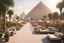 Placeholder: tourist walkway with the pyramids, including modern seating areas with planters, sweet cars, and tourist bazaars.