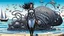 Placeholder: A woman with dark hair in a silver robotic catsuit, standing on a beach with a crashed spaceship in the water behind her, with flying mushrooms looking like parasols, with octopus tentacles in the air