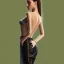 Placeholder: Woman with crook, back view, black trousers, green shirt, render background, brown hair