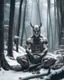 Placeholder: man sitting on a throne in a relaxed laid back style, middle of a snowy forest, muscular athletic physique, wearing a japanese Hannya demon mask over face, cinematic greyish filter