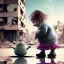 Placeholder: A teapot is shining and a laughing child is looking at it. The child’s image is reflected inside the teapot and behind the child is the reflection of a destroyed city.