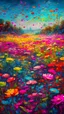 Placeholder: A picture field of flowers made of a plastic painting with colors that express joy 8k